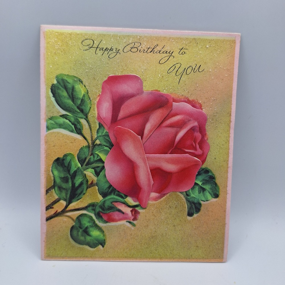 Vintage Rainbow Petals Happy Birthday Card Pink Rose Textured Glitter Sentiments